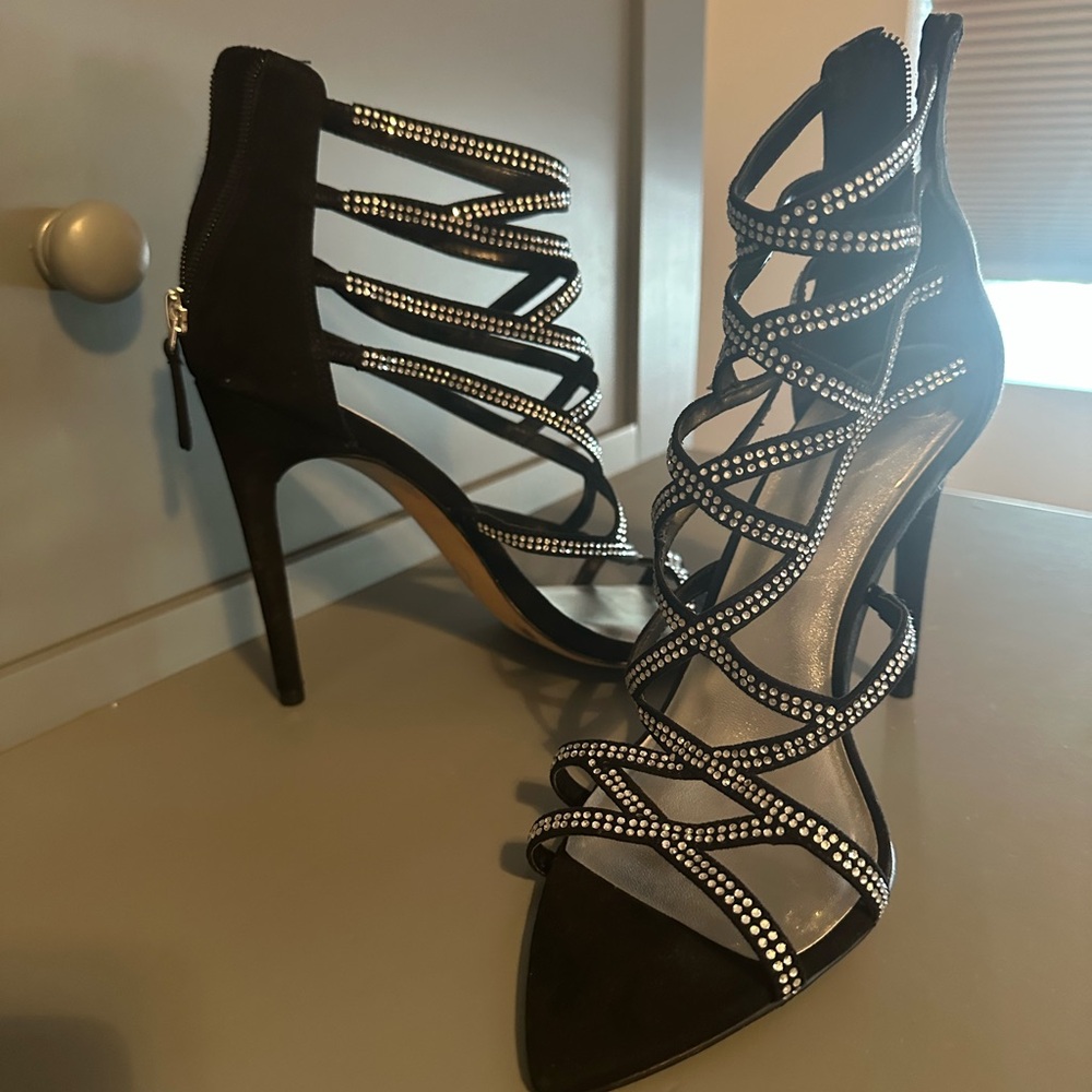 Jennifer Lopez Black Rhinestone Strappy Stiletto Heels